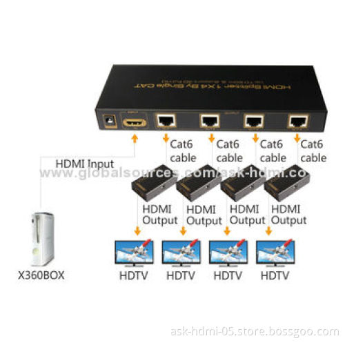 HDMI Splitter, 1-in-4 Out by Cat, >60m, Supports 3D, 5V DC/3A Power Adapter